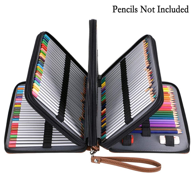 BTSKY 200 Slots Colored Pencil Organizer - Deluxe PU Leather Pencil Case Holder With Removal Handle Strap Pencil Box Large for Colored Pencils Watercolor Pencils Brown - Image 2